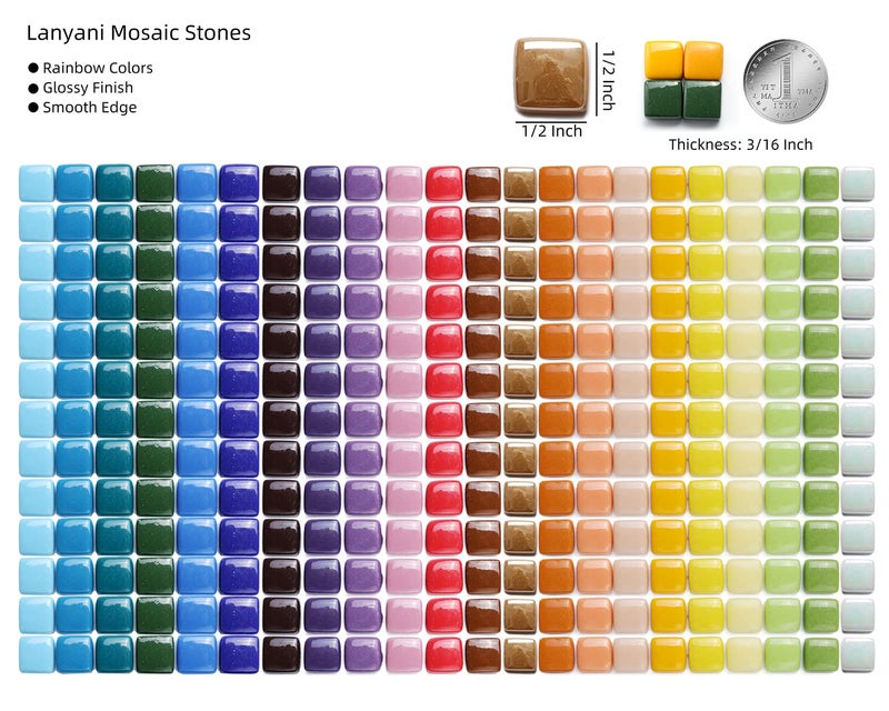 Lanyani 2 Pounds Vibrant Glass Mosaic Tiles for Arts and Crafts, Colorful Bulk Loose Mosaic Glass Pieces Square Stone Tiles, 1/2 inch, 500 Pcs - Image 3
